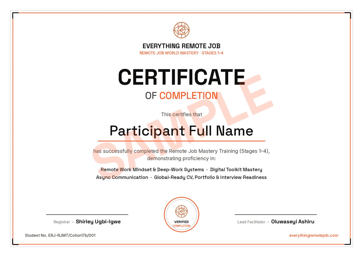 Sample — Remote Job Foundation Training Training Certificate of Completion