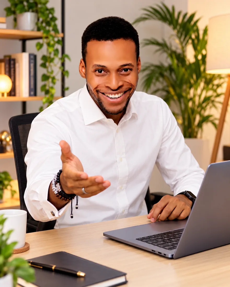 Oluwaseyi Ashiru at his desk, reaching out a hand in invitation