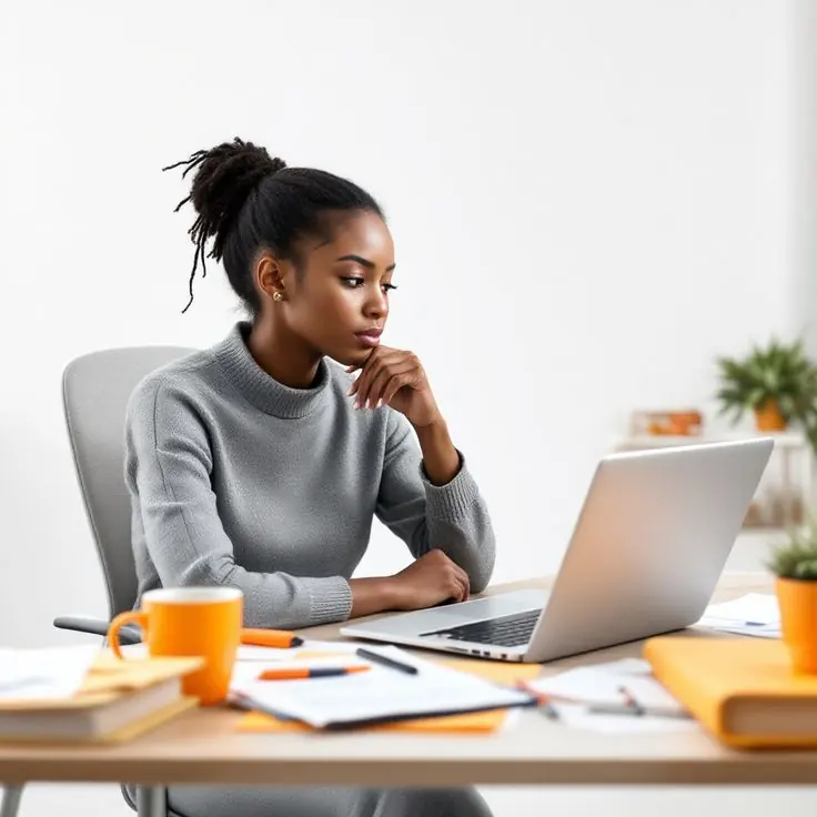 A Nigerian professional reading at her laptop